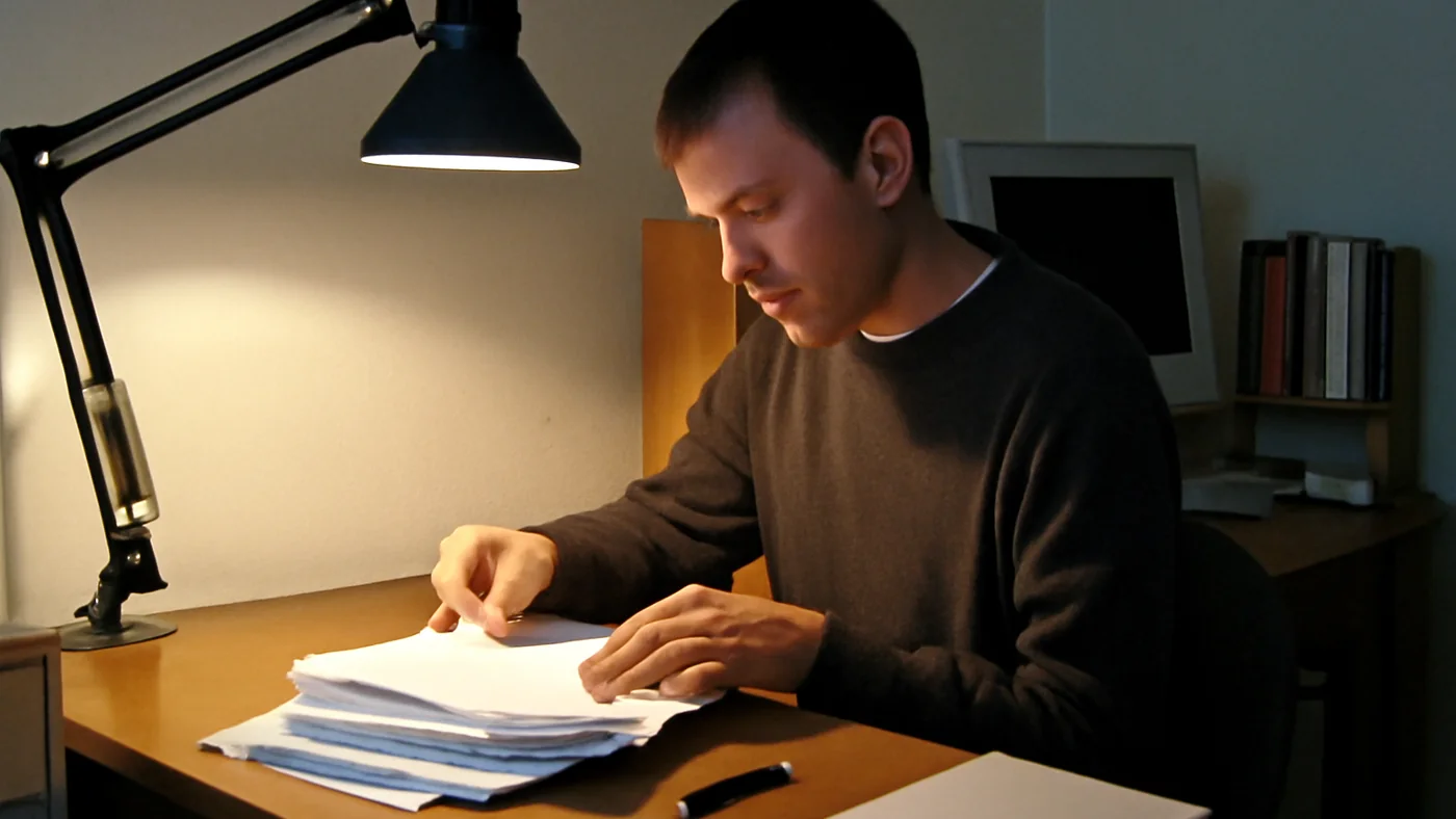 Adjustable architect desk lamp lighting papers on a home office desk